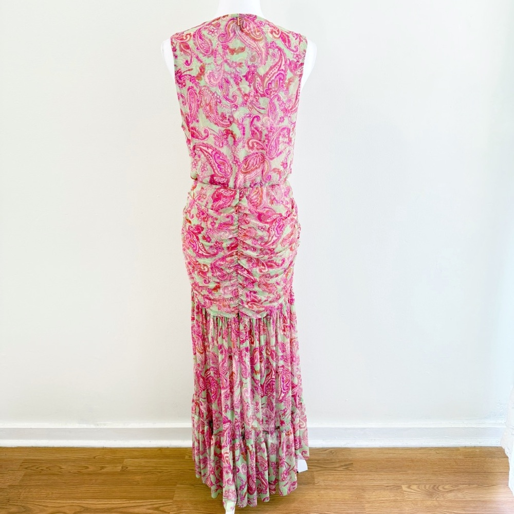 MISA PINK GREEN VINTAGE PAISLEY PRINT AVA MESH TWIST FRONT SLEEVELESS MIDI DRESS - Picture 3 of 14